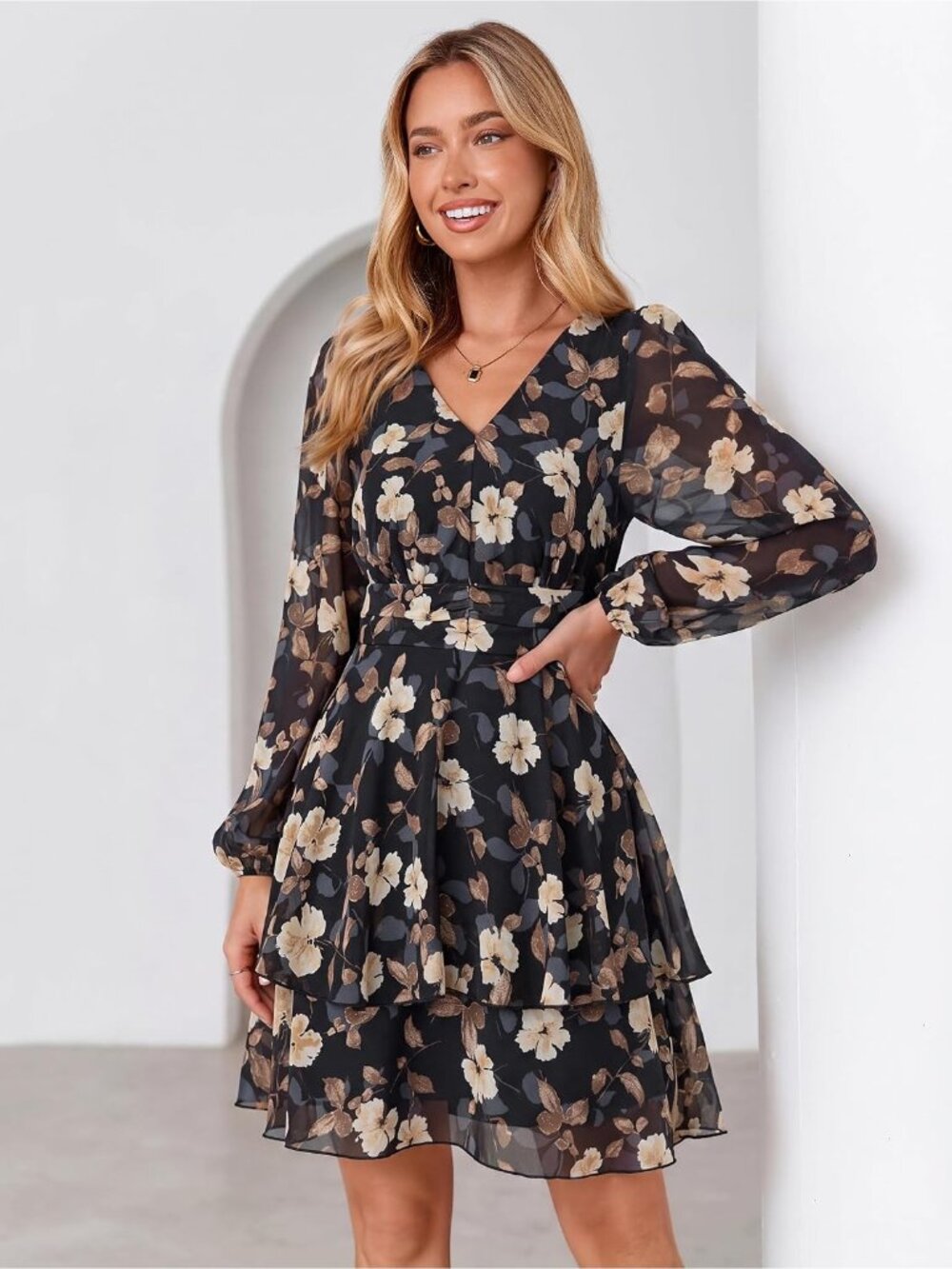〽️Black Yellow Floral Chiffon Dress Women’s Long Sleeve V Neck Empire Waist - Picture 3 of 7